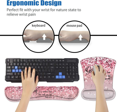 Keyboard Wrist Rest and Mouse Pad Wrist Support Set with Coasters, Bible Verses Psalm 46:5 with Non-Slip PU Base Ergonomic Gaming Mousepad for Com...