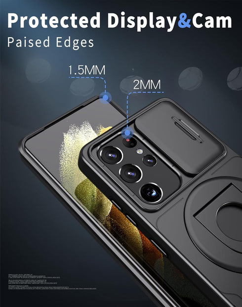 for Samsung Galaxy S21 Ultra Mag-Safe Kickstand Case with Slide Camera Cover,Slim Shockproof Military Heavy Duty Anti-Drop Full Body Protection,36...