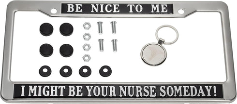 Registered Nurse License Plate Frame Cover Be Nice to Me Novelty Nursing for Women Bling Life Chrome Metal Front Car Humor Gift (BE Nice to)...