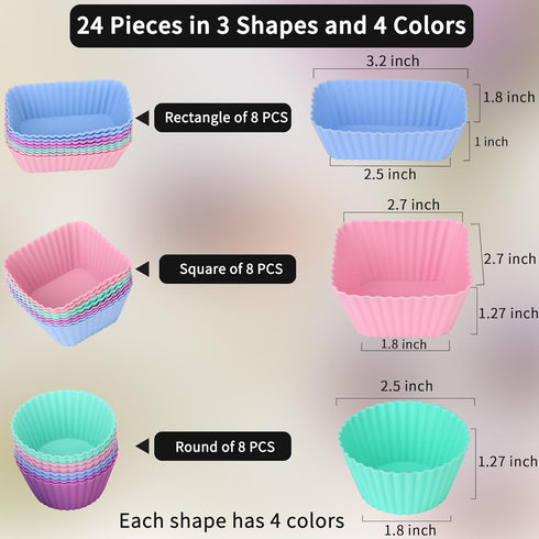 24 pcs Silicone Cupcake Baking Cups Dulinkas Reusable Cupcake Liners Non-Stick Baking Muffin Liners Mold Pastry Cake Molds 3 Shapes Multicolor for...