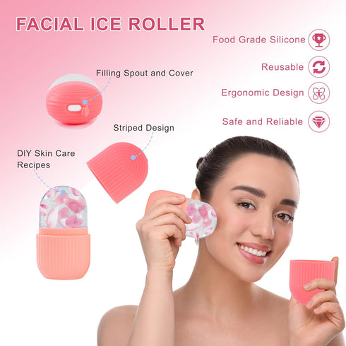 Ice Roller for Face Women, Silicone Facial Ice Roller and Gua Sha Set, Massage Cube and Face Ice Mold for Brighten Lubricate Shrink Pores (Pink)...