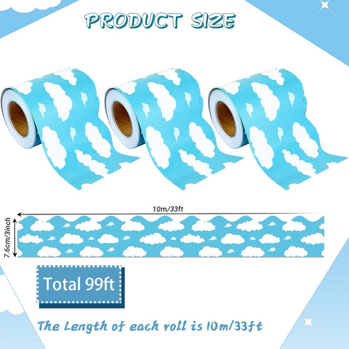 99 ft Blue Sky White Clouds Bulletin Board Borders,Scalloped Bulletin Board Trim for Blackboard Whiteboard Classroom Border Decor (3 Rolls)...