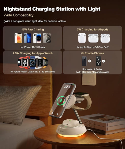 3 in 1 Wireless Charging Station with Light for Apple Devices, 15W Magnetic Wireless Charger Stand Fast Charging for iPhone 15 14 13 12, AirPods a...