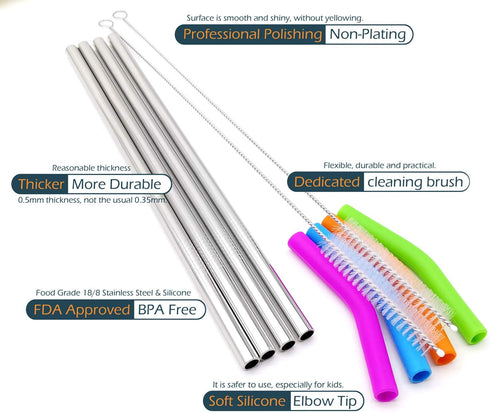 Big Drinking Straws Reusable 12" Extra Long 8mm Extra Wide Food-Grade 18/8 Stainless Steel Silicone Elbows Tips for Smoothie Milkshake Cocktail Ju...