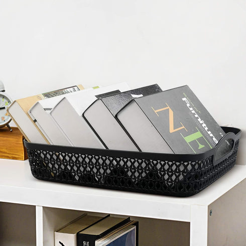 Large Plastic Storage Basket Tray with Handle, Black, Pack of 6...
