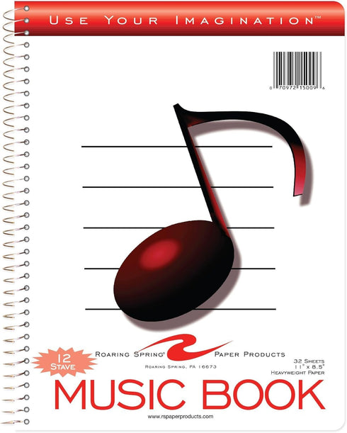 Roaring Spring Music Wire Bound Notebook, 12 Staves of Music Lines, 11" x 8.5", 32 Sheets Heavyweight Smooth White Paper (Pack of 1)...