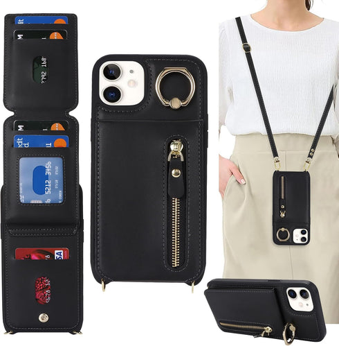 iPhone 12 Case with Card Holder for Women, iPhone 12 pro Phone Case Wallet with Strap Credit Card Slots Crossbody with Kickstand Zipper Case - Bla...