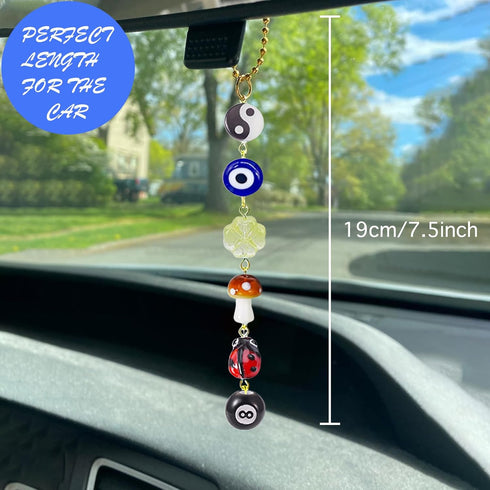 Evil Eye Car Hanging Ornament,Good Lucky Days Car Charm,8 Ball Mushroom Four-Leaf Clover Pendant for Car Rear View Mirror,Cute Boho Evil Eye Ladyb...