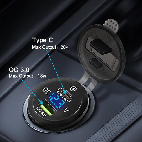 XMSJSIY USB Car Charger Socket Outlet 12V-24V USB/Type C Outlet PD & QC 3.0 Fast Car Charger 38W Power Waterproof Outlet Adapter with LED Voltmete...