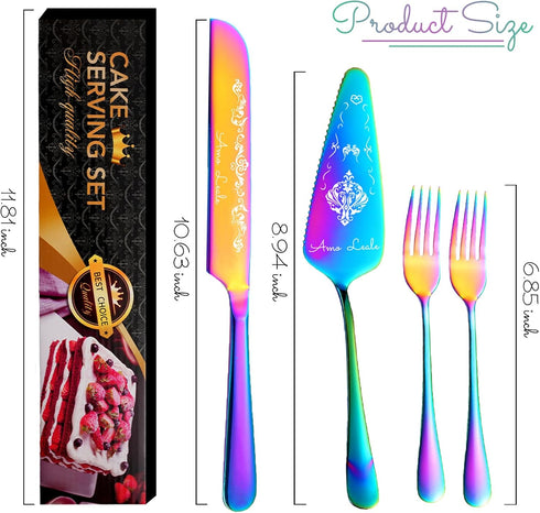 Engraved Wedding Cake Cutting Set with Forks, Elegant Cake Knife and Server with Thickened Stainless Steel Rounded Edges, Cutter Pie Spatula Birth...