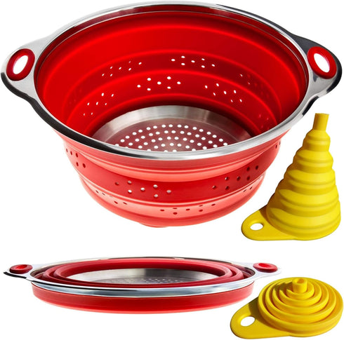 Collapsible Colander and Funnel - Stainless Steel Meets Red Silicone. RV Accessories for Inside, Camper Organization and Storage Idea, Motorhome, ...