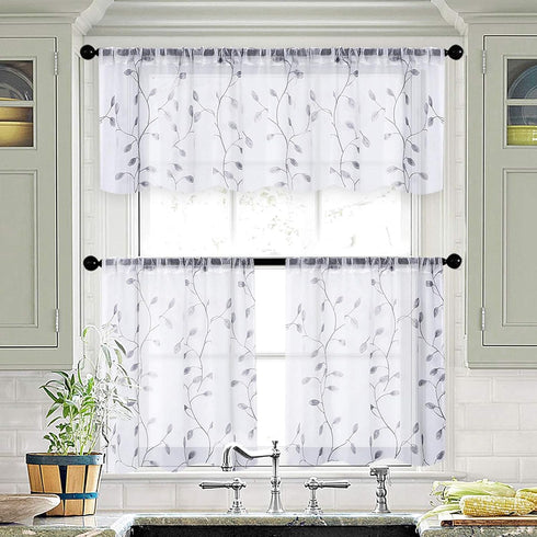 MRTREES Sheer Tier Curtains, Voile Short Kitchen Tiers Rod Pocket, Leaves Embroidery Bathroom Curtain Panels Small Half Window Treatment for Bedro...
