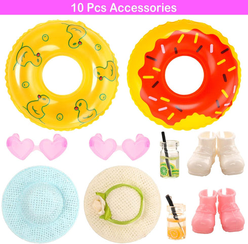 Mini 5.3 inch Doll Clothes and Accessories 6 Beach Swimsuits 3 Dresses with 2 Swimming Rings 2 Drinks 2 Hats 2 Glasses 2 Shoes...