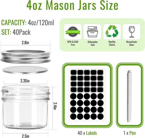 4 oz Mason Jars with Lids and Bands, 40 Pack 120 ml Regular Mouth Glass Canning Jars for Jam, Honey, Wedding Favors, Shower Favors, Spice(Silver)...