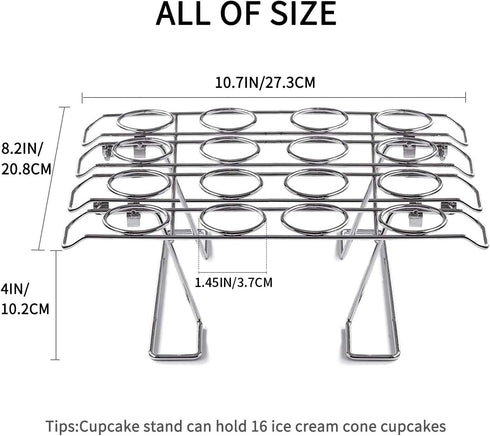 Cupcake Cones Baking Rack, 16-Cavity Stainless Steel Ice Cream Cone Stand Holder Foldable Cake Decorating Pastry Tray Waffle Cones Holder for Baki...
