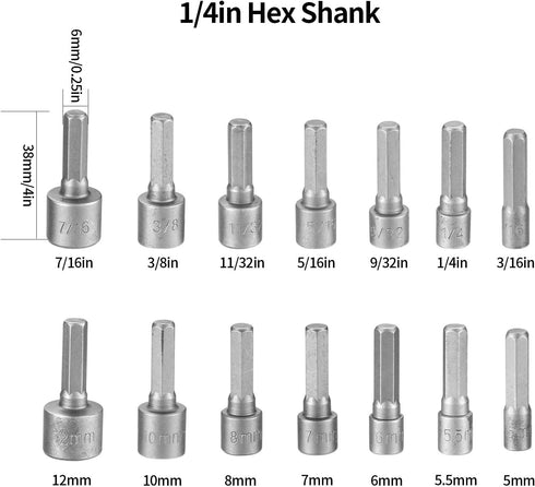 14 Pcs Socket Nut Driver Set, Hex Drill Bits Sets, Impact Driver Socket Adapter Metric for Hand Drill, Electric Screwdriver, Wrench...