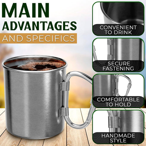 Stainless Steel Camping Mug with Handle - 13.5 oz Coffee Camping Mug with Carabiner Handle Portable Backpack Outdoor Hiking Cup Lightweight Campin...