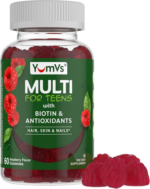 YumVs Teen Multivitamin Gummies with Biotin and Antioxidants - Raspberry Flavor - Hair Skin Nails Support - Vegetarian Kosher Teen Vitamins for Bo...