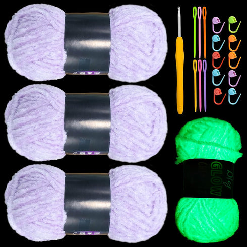 3PCS Glow in The Dark Chenille Yarn,Beginner Yarn for Crocheting,DIY Handcrafts Weaving Soft Chenille Yarn,50g/Reel, 70m (76.5 Yds). (Purple)......