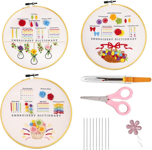 Westhood 3 Sets Beginners Embroidery kit, Different Stitches Practice with Instructions, Embroidery Starters Kit with Patterns Include 2 Wooden Em...
