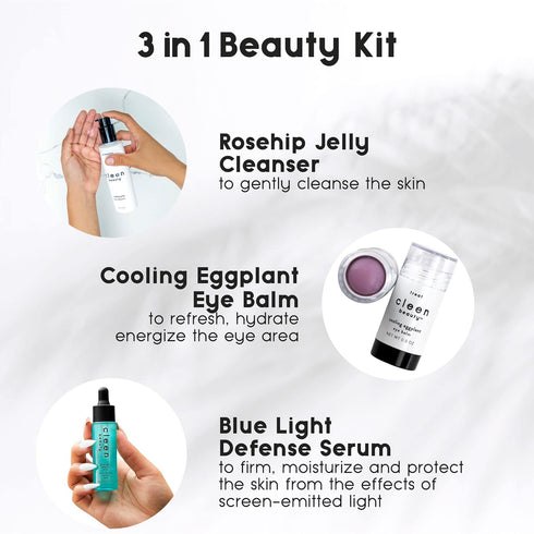 CLEEN BEAUTY Everyday Skincare 3-Piece Set | Rosehip Jelly Face Cleanser, Cooling Eggplant Eye Balm, & Blue Light Defense Serum Set | Paraben Free...