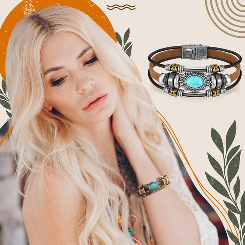 Sasylvia 6 Pcs Turquoise Bracelet for Women Leather Bracelet Western Jewelry for Women Multilayer Boho Cuff Bangle Set...