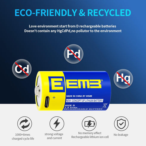 EEMB D Batteries 1.5V Rechargeable D Batteries 5550mWh Rechargeable Lithium D Cell Batteries USB Type C Charging Cable LR20 Replacement Battery fo...