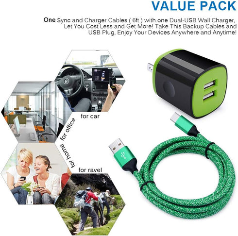 2.1A USB Charging Block Brick Box Cube+6ft Type C Fast Charging Charger Cable for LG K51 Stylo 6/5/4 G8 V60,Moto G Stylus/Pure Z4,Google Pixel 8 7...
