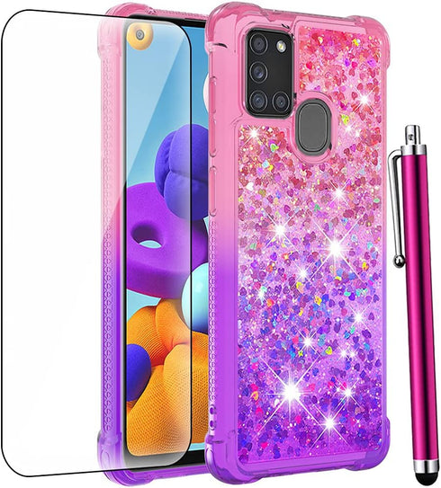 for Samsung Galaxy A21S Case with Tempered Glass Screen Protector,Women Girls Glitter Bling Floating Liquid Cute Soft TPU Shockproof Protective Ph...