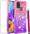 for Samsung Galaxy A21S Case with Tempered Glass Screen Protector,Women Girls Glitter Bling Floating Liquid Cute Soft TPU Shockproof Protective Ph...