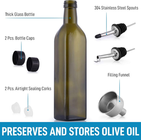 Zulay Kitchen Olive Oil Dispenser Bottle – 17oz Glass Oil Container with Spout, Funnel & Pourer – Dark Brown...