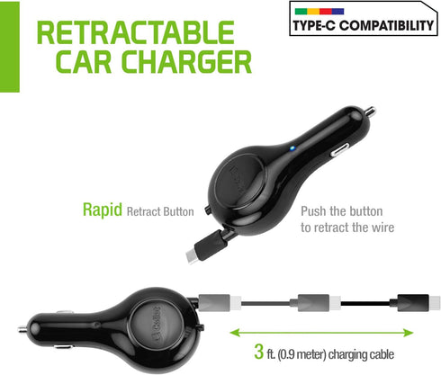 Cellet USB-C (Type-C) Retractable Car Charger, Fast Car Charger Compatible for iPhone 15, Samsung Galaxy Smartphones, LG Motorola Moto Google Pixe...