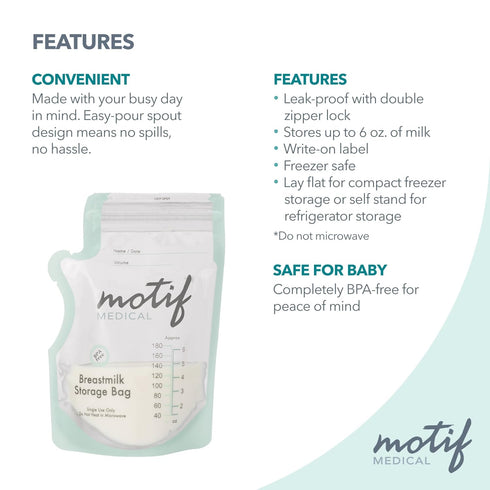 Motif Medical, Milk Storage Bags, 6 oz Milk Freezer Bag with Easy Pour Spout, BPA Free, Write-On Label - 90 Count...