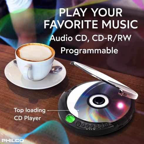 PHILCO Personal CD Player with 60 Second Anti-Shock - Portable, Compact, and Easy to Use - includes Headphones...
