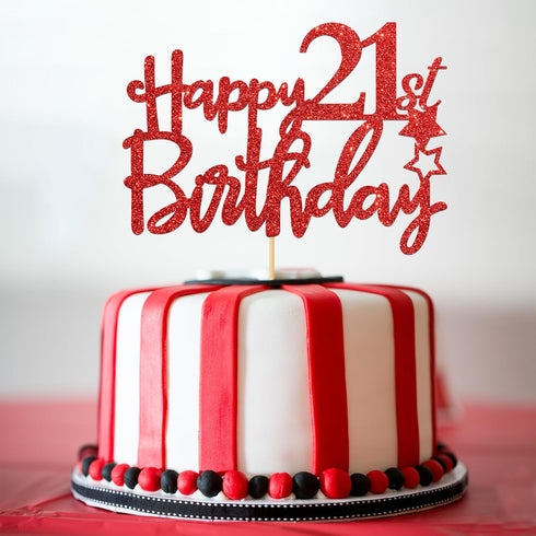 Red Glitter Happy 21st Birthday Cake Topper - 21Sign Cake Topper - Cheers to 21 Years Party Supplies - 21st Birthday Party Decorations...
