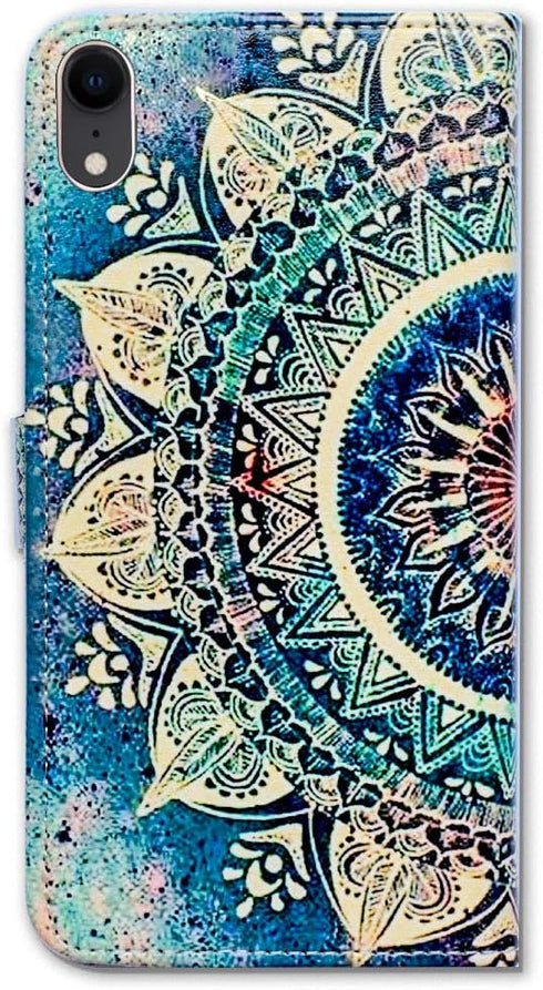 Case for iPhone XR, Green Circular Mandala Leather Flip Wallet Case Cover with Card Slot Holder Kickstand for iPhone XR Case...