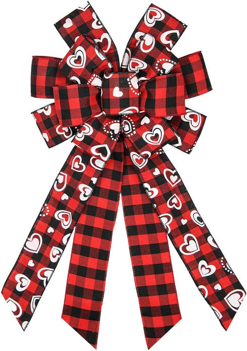 Hying Large Valentines Bows for Wreath, Valentines Wreath Bow Black Red Buffalo Plaid Bows Holiday Hearts Burlap Tree Topper Bows for Front Door D...