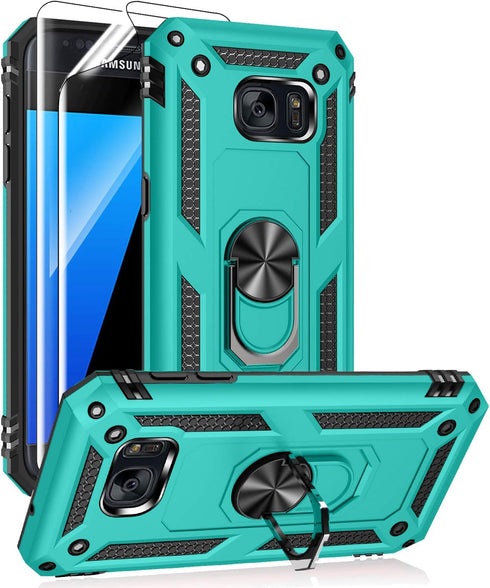 Androgate for Samsung Galaxy S7 Case with HD Screen Protectors, Military-Grade Metal Ring Holder Kickstand 15ft Drop Tested Shockproof Cover Case ...