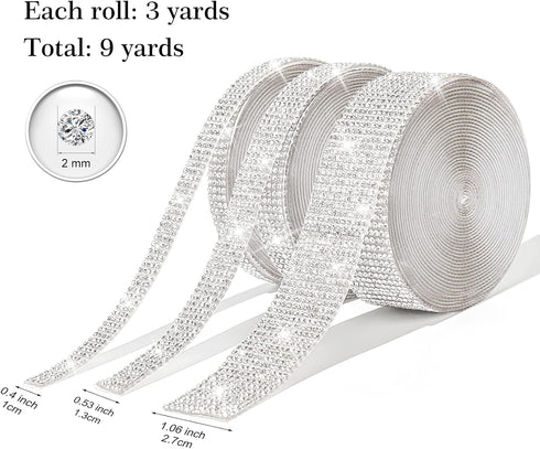 3 Rolls 9 Yards Self Adhesive Crystal Rhinestone Diamond Ribbon - Bling Diamond Stickers Wrap Roll DIY with 2 mm Rhinestones for Crafts Arts, Rhin...