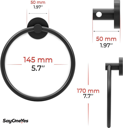 Matte Black Towel Ring – Heavy Duty SUS304 Stainless Steel Rust Proof Hand Towel Holder Hanger for Bathroom, Kitchen Wall Mounted – Round Shape To...