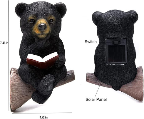 Sitting Bear Tree Hugger with Solar LED Light, Baby Bear Reading Book Garden Statue, Resin Animal Figurine Outdoor Decor, Yard Art Sculpture for L...