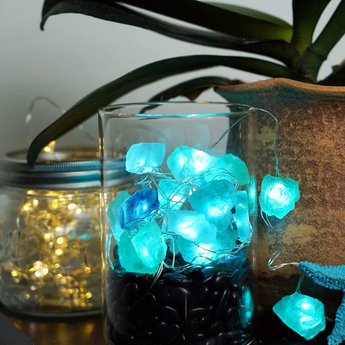 BOHON Natural Fluorite String Lights Battery Operated with Remote Sea Glass Raw Stones Decorative Lights 6.5ft 20 LEDs String Lights for Bedroom P...