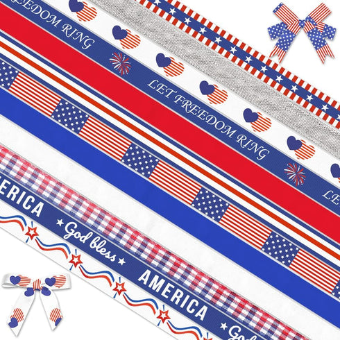12 Rolls Patriotic 4th of July Ribbons, 3/8" Patriotic Star Stripe Grosgrain Ribbons Red White Blue Solid Ribbons for America Flag Labor Day Buffa...