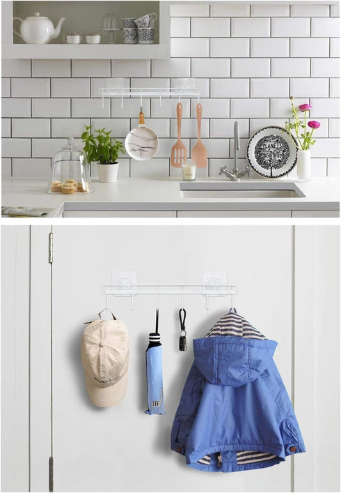YiZhi Adhesive Wall Hooks Rack Kitchen Rail, Space Saving Utensil Holder No Drilling Wall Mounted Accessory Hanger with 6 Hooks for Kitchen Bathro...
