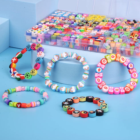 1000PCS Polymer Clay Beads Bracelet Making kit, 24 Style Cute Fun Beads Flower Animal Rainbow Eye Charms for Jewelry Necklace Earring Making DIY A...