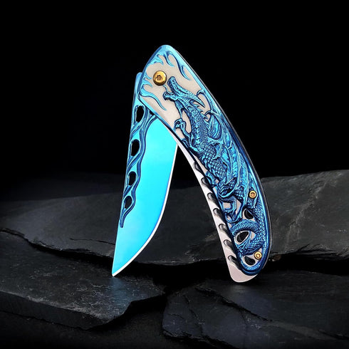 Pocket Knife for Men, Cool Folding Knife With 3D Blue Dragon Embossed Relief, Great Christmas Gift Edc Knife For Men Outdoor Survival Camping...
