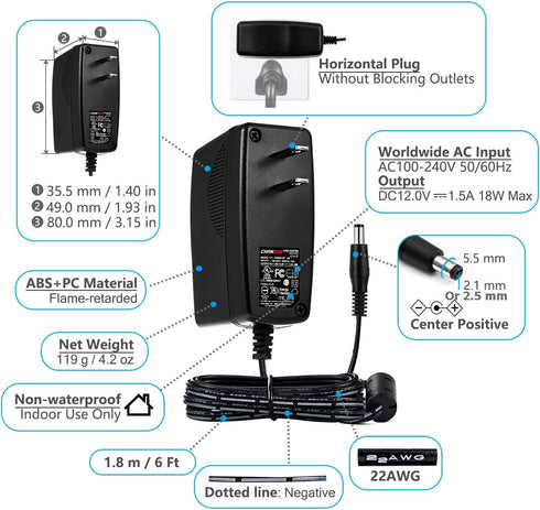 Chanzon 12V 1.5A 18W Power Supply AC DC Switching Adapter, 12 Volt 1.5 Amp AC/DC Wall Wart Converter Transformer, 100-240v 50 60HZ Input with 12vd...