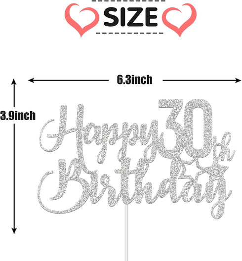 Silver Glitter Happy 30th Birthday Cake Topper - 30th Birthday Cake Topper, 30th Birthday Party Decoration...