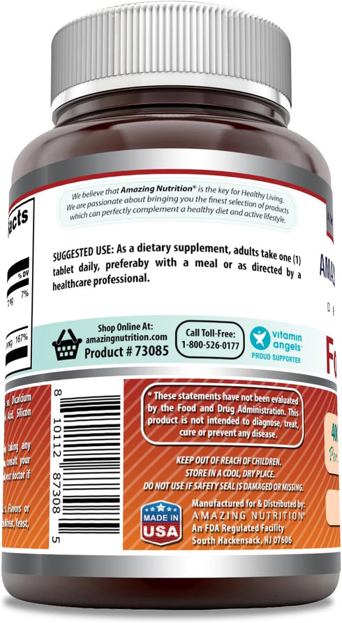 Amazing Formulas Folic Acid (Vitamin B9) 400 mcg Tablets | Non-GMO | Gluten Free | Made in USA (400 mcg, 250, Count)...