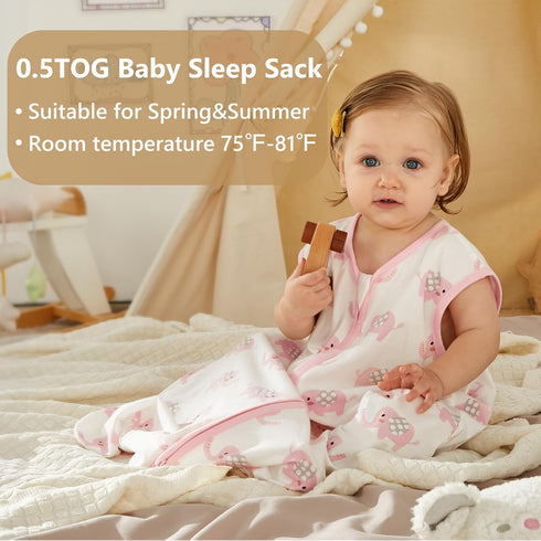 TILLYOU Sleep Sack 0-6 Months - 0.5 TOG Baby Wearable Blanket with 2-Way Zipper, Extra Soft Cotton Sleeveless Sleeping sack 2 Pack, Pink Elephant...